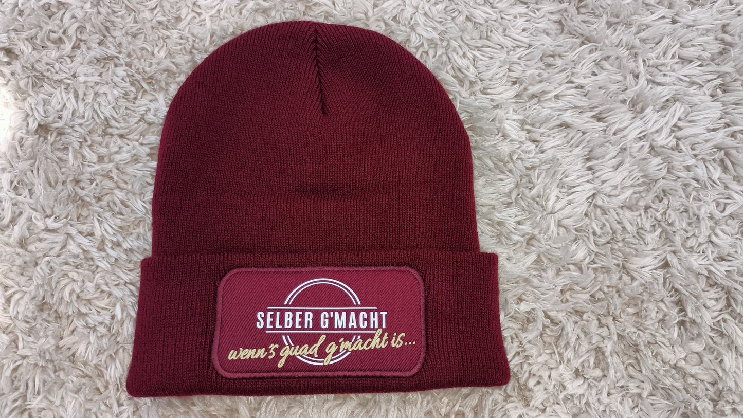 Wintermütze mit Schriftzug "selber g´macht" (bordeaux)