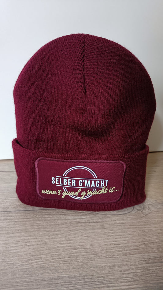 Wintermütze mit Schriftzug "selber g´macht" (bordeaux)
