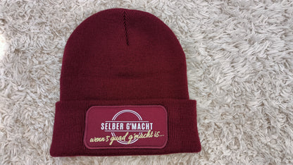 Wintermütze mit Schriftzug "selber g´macht" (bordeaux)